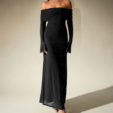 Load image into Gallery viewer, Mesh Silver Square Dress Sexy off Shoulder Flared Long Sleeve Dress Maxi Dress