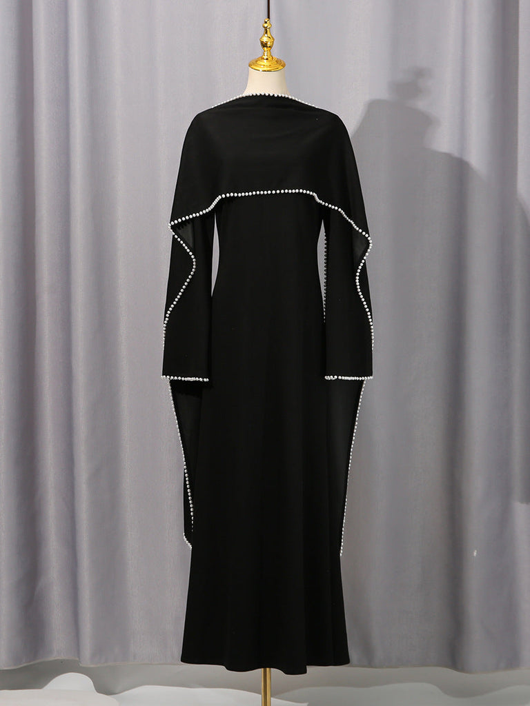 Elegant Solid Color Retro Heavy Industry Beautiful Pearl Shawl High Waist Dress Women