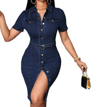 Load image into Gallery viewer, Women Clothing Elastic Mid Length Retro Slim Fit Breasted Hip Denim Dress