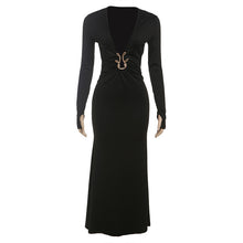 Load image into Gallery viewer, Women Clothing Autumn Solid Color Sexy Deep V Plunge neck Hollow Out Cutout Slim Long Sleeve Dress