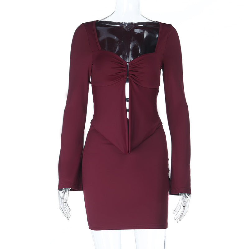 Autumn Winter Pockets Metal Ring Long Sleeve Narrow Dress
