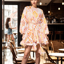 Load image into Gallery viewer, Spring French Vintage Print Lace up Waist Controlled Slimming Long Sleeve Dress Women A line Short Dress
