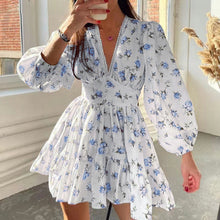 Load image into Gallery viewer, Spring Women Clothing Sweet Elegance Printed V neck Lace Waist Trimming Short Dress