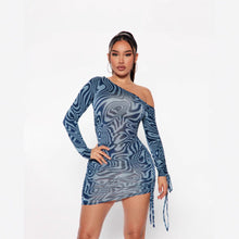 Load image into Gallery viewer, Arrival Women Clothing Floral Print Drawstring Ruffle Lace up Drawstring Long Sleeve Slant Shoulder Tight Dress