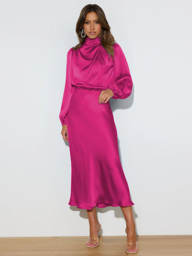 Autumn High Grade Satin Long Sleeve Loose Dress Elegant Women Evening Dress