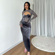 Load image into Gallery viewer, Fall Women Clothing Plush Mesh Stitching Night Club Hollow Out Cutout Dress Slim Fit Dress