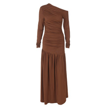 Load image into Gallery viewer, Women Clothing Autumn Solid Color One Shoulder Cold Shoulder Long Sleeve Stitching Dress
