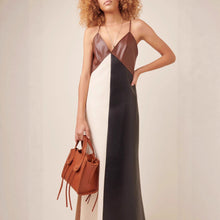 Load image into Gallery viewer, Autumn Winter Women Clothing Contrast Color Sexy Strap Faux Leather Stitching Dress Slim V neck Leather Dress