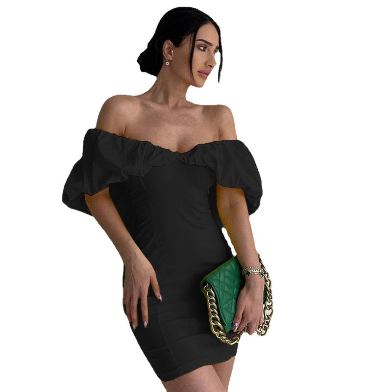 Spring Casual Vacation Tight Waist Slimming Sense Design Pleated Off Shoulder Hip Bag Dress