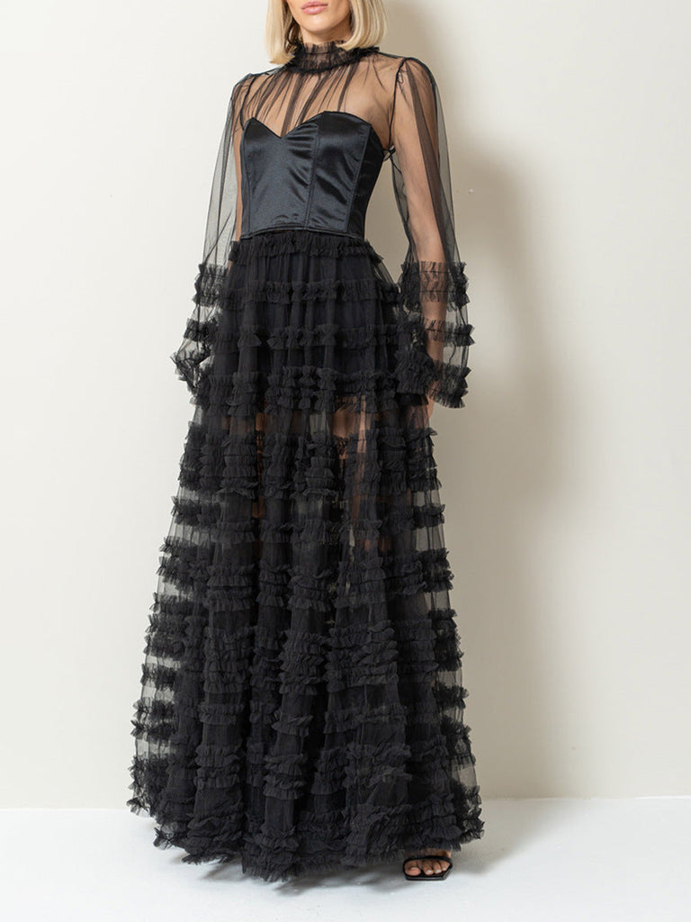 Dress Spring Mercerized Sheer Mesh Sexy Figure Flattering Tiered Dress Women