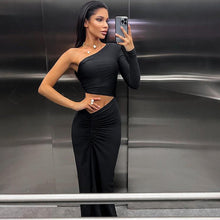 Load image into Gallery viewer, Women Sexy Oblique Shoulder Single Sleeve Pleated Cropped Outfit Split Mid Length Women Dress