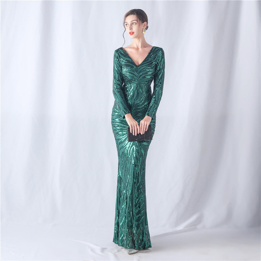 Positioning Floral Cutting Craft Magic Color Sequin Annual Meeting Wedding Long Sleeve Evening Dress