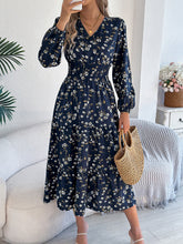 Load image into Gallery viewer, Autumn Winter Elegant Floral V neck Long Sleeve Waist Trimming Ruffles A line Women Clothing
