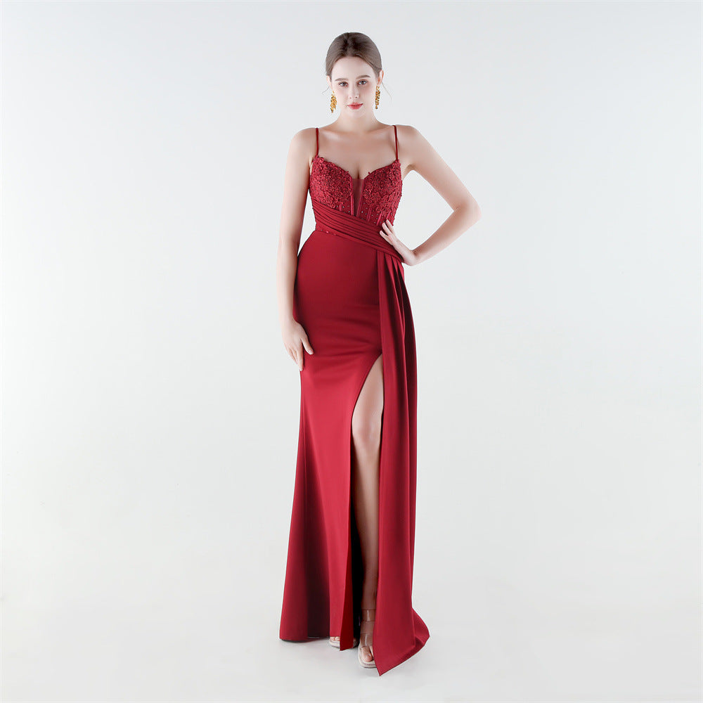 Deep V Plunge Waist Tight High Slit Sequin Embroidered Strap Slim Fit Elegant Evening Dress