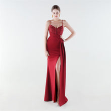 Load image into Gallery viewer, Deep V Plunge Waist Tight High Slit Sequin Embroidered Strap Slim Fit Elegant Evening Dress