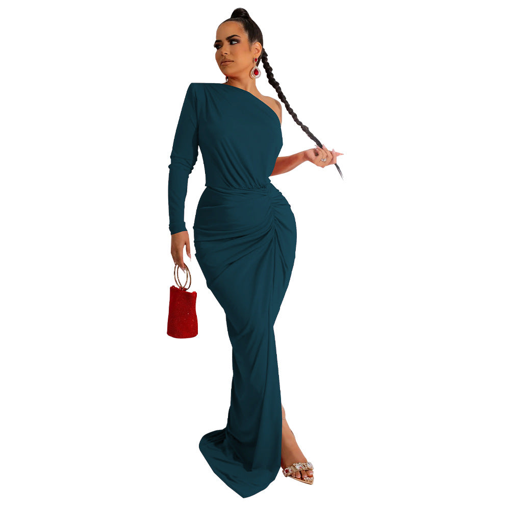 Women Clothing Autumn Oblique Shoulder Pleated Solid Color Dress Maxi Dress