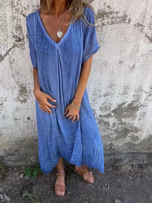 Cotton Linen V neck Semi Formal Dress