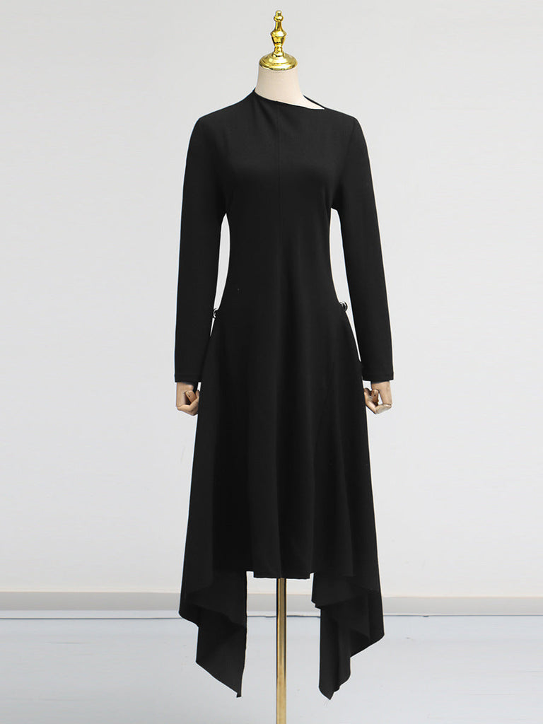 Simple Solid Color Dress Spring High Grade Waist Slimming Irregular Asymmetric Dress Women