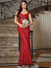 Load image into Gallery viewer, Middle East Solid Color U Collar Sequined Strap High Waist Evening Dress Fishtail Dress Maxi Dress