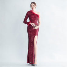 Load image into Gallery viewer, Craft Ostrich Feather Decorative Diagonal Shoulder Roman Collar Side Slit High End Evening Dress