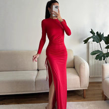 Load image into Gallery viewer, Early Autumn Women Clothing Long Sleeve Dress Lace up Slimming Slit Metal Decorative Maxi Dress Women