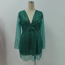 Load image into Gallery viewer, Women Clothing Dress Deep V Plunge See through Long Sleeve Short Dress Gold Dress