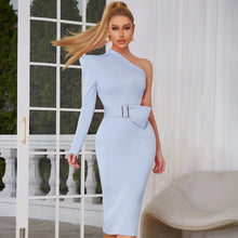 Load image into Gallery viewer, Simple Sexy Oblique Shoulder Irregular Asymmetric Belt Back Slit Slim Dress Women