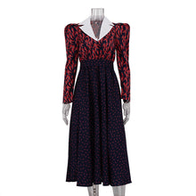 Load image into Gallery viewer, Contrast Color Design Collared Long Sleeve A line Women Waist Controlled Printed Large Swing Dress