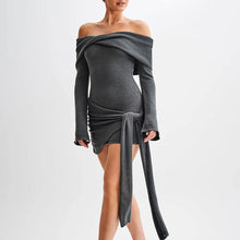 Load image into Gallery viewer, Woolen Women Clothing Sexy Strapless Long Sleeve Lace up Knitted Dress Short for Women