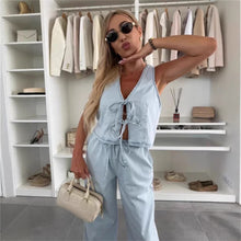 Load image into Gallery viewer, Women Spring Summer Sleeveless Lace up Vest Lace up Wide Leg Jeans Denim Set