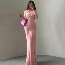 Load image into Gallery viewer, Autumn Winter Women Clothing Solid Color Pleated round Neck Slim Fit Long Sleeved Dress Women