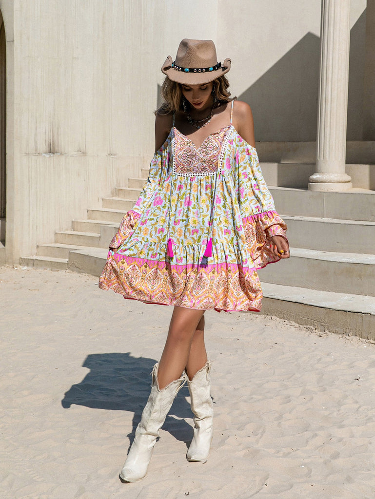 Loose Printed Off Shoulder Tassel Dress Vacation
