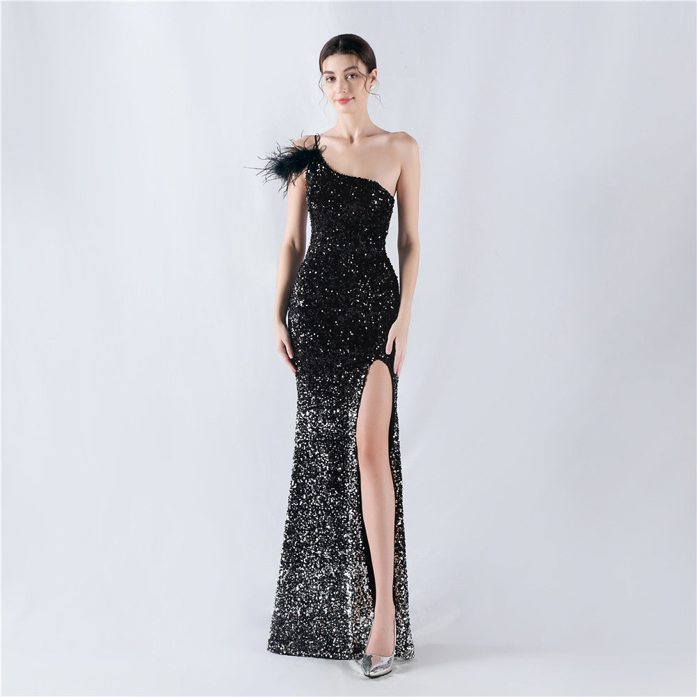 Dress Gradient Velvet Bottom Sequin Craft Order Ostrich Feather One Shoulder Diagonal Collar High Fork Evening Dress