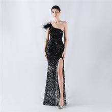 Load image into Gallery viewer, Dress Gradient Velvet Bottom Sequin Craft Order Ostrich Feather One Shoulder Diagonal Collar High Fork Evening Dress
