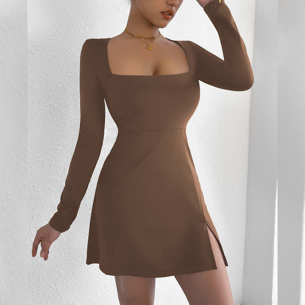 Women Clothing Square Collar Tight Long Sleeve Slit Flared Mini Sexy Dress