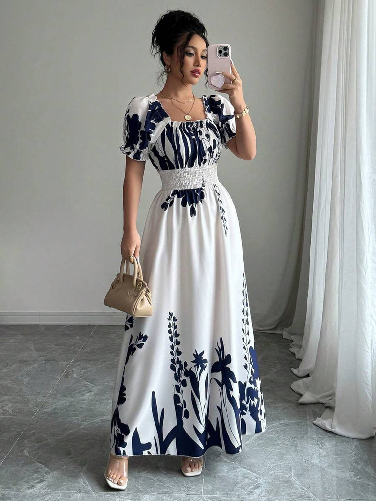 Summer Bubble Sleeve High Waist Tight Waist Women Printed Wear Large Swing Sling Dress