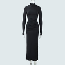 Load image into Gallery viewer, Autumn Stand Collar Long Sleeve Pleated Sexy Slit Hip Bag Dress Women