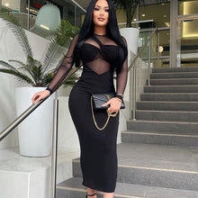 Load image into Gallery viewer, Women Clothing round Neck Mesh Stitching Long Sleeves Mid Length Tight Dress