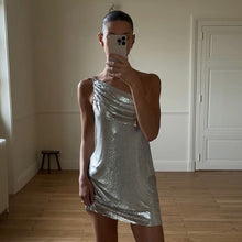 Load image into Gallery viewer, Women Clothing Spring Solid Color Sexy Slim Sleeveless Diagonal Collar Glossy One Shoulder Short Dress