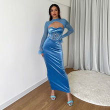 Load image into Gallery viewer, Fall Women Clothing Plush Mesh Stitching Night Club Hollow Out Cutout Dress Slim Fit Dress