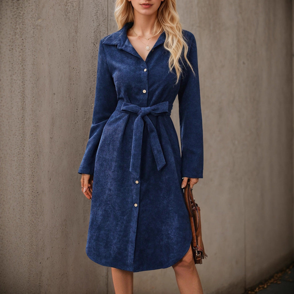 Autumn Winter Long Sleeves Corduroy Dress Front Cardigan Belt Irregular Asymmetric Shirt Dress