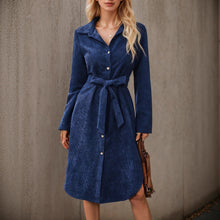 Load image into Gallery viewer, Autumn Winter Long Sleeves Corduroy Dress Front Cardigan Belt Irregular Asymmetric Shirt Dress