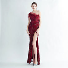 Load image into Gallery viewer, Heavy Industry Ostrich Hair Craft Beading Hair Oblique Shoulder Side Slit High End Evening Dress