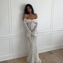 Load image into Gallery viewer, Autumn Winter Women Clothing off Neck Sexy Long Sleeve off Shoulder Lace Hollow Out Cutout out Slim Fit Fishtail