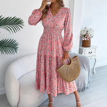 Load image into Gallery viewer, Autumn Winter Elegant Floral V neck Long Sleeve Waist Trimming Ruffles A line Women Clothing