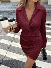 Load image into Gallery viewer, Women Clothing Satin Autumn Long Sleeve Dress Fitted Waist Pleated Simple Short Dress