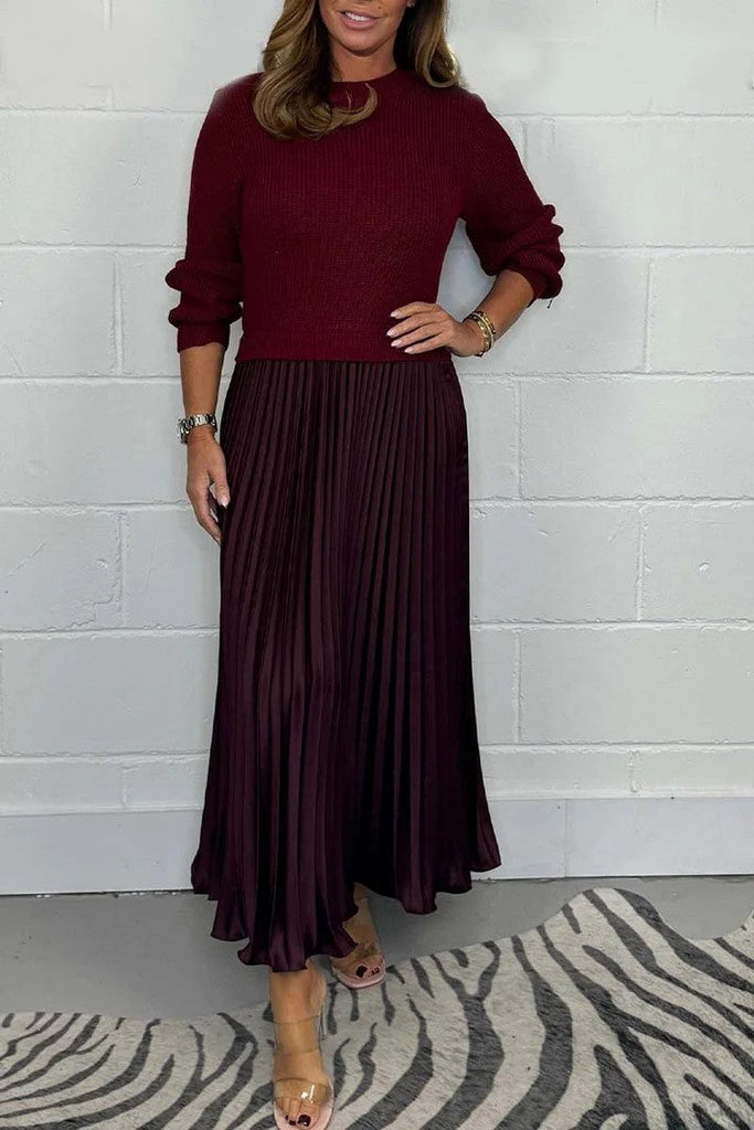 New Autumn Winter Women round Neck Top Sunken Stripe Pleated Dress