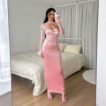 Load image into Gallery viewer, Fall Women Clothing Plush Mesh Stitching Night Club Hollow Out Cutout Dress Slim Fit Dress
