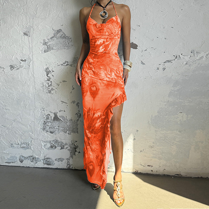 Pocket Collar Print Holiday Dress Spring Summer Sleeveless Split Maxi Dress