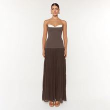Load image into Gallery viewer, Fall Women Clothing French off Shoulder Ruffled White Coffee Color Matching Pleated Tube Top Dress